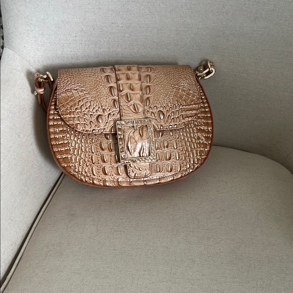 Tan Croc-Embossed Crossbody Bag with Gold Hardware